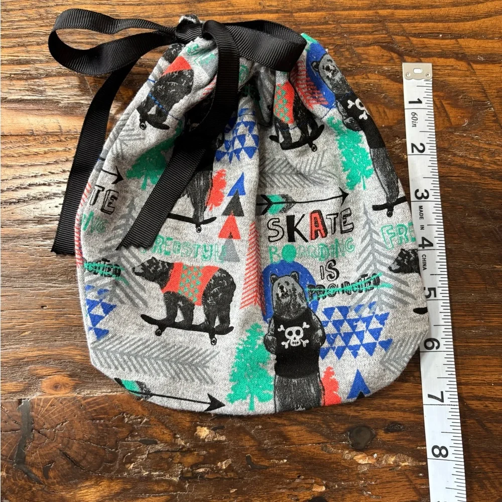 4 Handmade “Skateboarding Bears” Cotton Drawstring Gift Bags